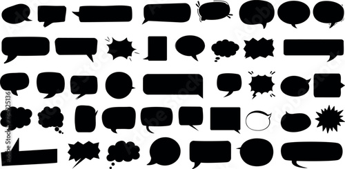 Black silhouette speech bubbles collection, speech bubble vector illustration. Communication icons for graphic design, web, app. Various shapes, sizes for chat, message, dialogue