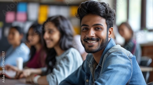 Multiethnic Indian Man Acquiring New Academic Skills in Classroom with Other People. Formal Adult Learning Activity, Undertaken by Diverse Mature Students After Finishing School and College