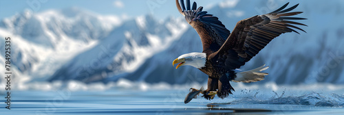 Eagle's majestic descent from the sky talons extended aiming to snatch a fish from the water's surface with incredible precision,Water splash resembling a soaring eagle against a blue sky backdrop.
 photo