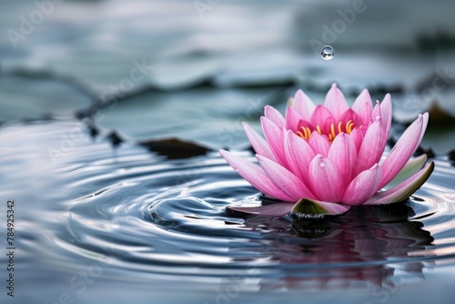 Lotus flower with water drop in calm water.