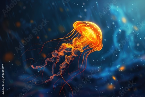 Yellow and orange Jellyfish dansing in the dark blue ocean water. photo