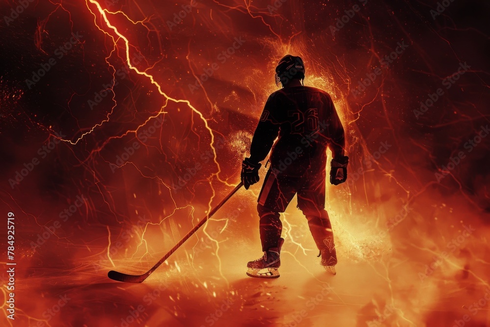 Fierce Hockey Player Braving Intense Supernatural Storm on Ice Rink