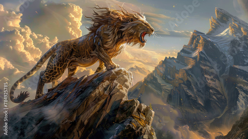A mythical creature, part lion, part dragon, roars atop a rugged mountain peak, overlooking a vast kingdom below The image captures the mystical aura of a legendary beast © Sattawat