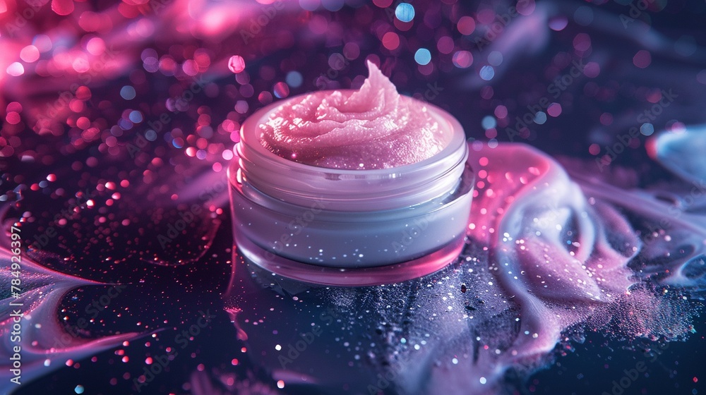 open skin cream balm floating in a weightless space, avantgarde aesthetic, twinkling starlight illumination open skin cream balm floating in a weightless space, avantgarde aesthetic, twinkling starlight illumination
