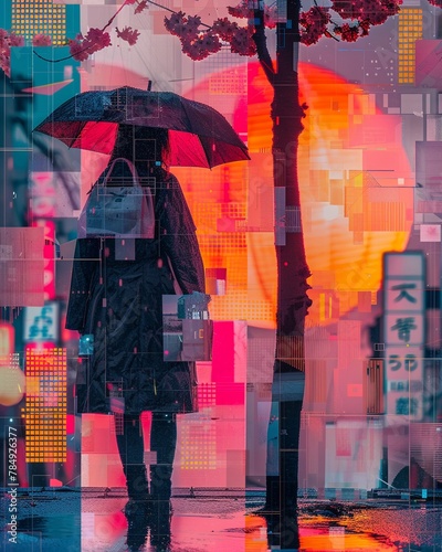 Melancholic, bittersweet neon sunset Cyberpunk City Sakura blossom RainA mood board for fashion designers composed of photo collages and color swatcheses photo