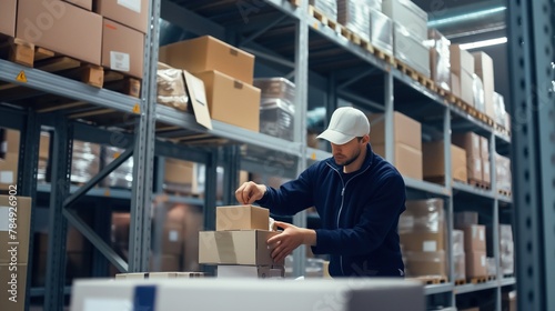 A worker in a warehouse logistic centre sorts through boxes and parcels