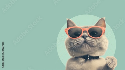 Stylish gray fluffy British cat in pink glasses looks up  copy space on a cian background