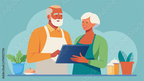 An elderly couple using a tablet to easily purchase and order groceries online avoiding the hassle of navigating a grocery store. photo