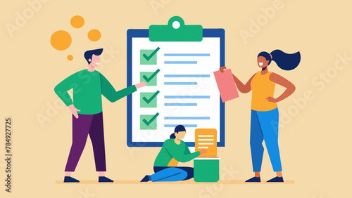 Vector illustration of Checklist. The team checks items of an agreement, contract isolated backgroun.Team Reviewing Contractual Elements. © Sumondesigner_42