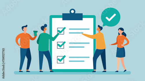 Vector illustration of Checklist. The team checks items of an agreement, contract isolated backgroun.Team Reviewing Contractual Elements.
