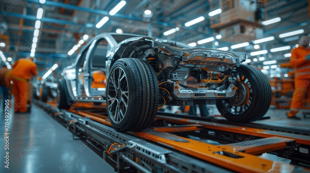 Engineers and technicians carefully assembling components of an electric vehicle in the factory Engineers and technicians carefully assembling components of an electric vehicle in the factory
