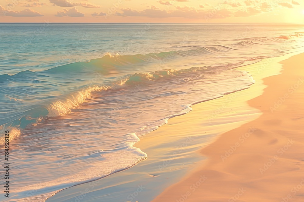 Serene Beach Scene at Sunrise: Sun Peeking Over the Horizon, Casting Warm Hues Across Calm Waters and Long Shadows on Golden Sand. Tranquil Ocean View Adding to Nature’s Peaceful Beauty.