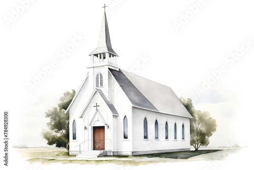 Watercolor illustration of a church in the countryside on a white background