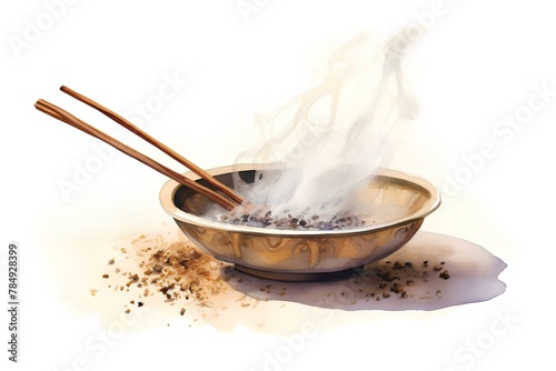 Watercolor illustration of a bowl of hot chinese tea with chopsticks