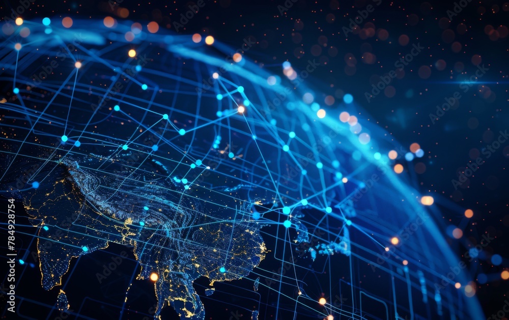 Obraz premium Communication technology for internet business. Global world network and telecommunication on earth cryptocurrency and blockchain and IoT