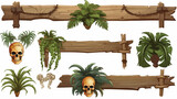 Wooden signboard with green leaves and skull for ga