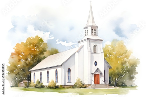 Watercolor illustration of a church in the countryside. High quality illustration photo