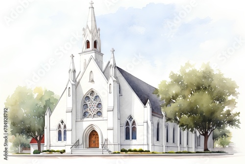 Watercolor illustration of a Catholic church with trees in the background. photo