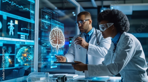 Two Neuroscientists Working With Computer - Powered VFX Hologram Of Human Brain And Nervous System In Modern Laboratory. Multiethnic Man And Woman Working On Technological Solutions for Brain Tumor photo