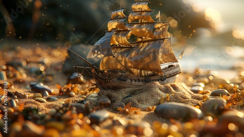 Ship sailing in a sand clock, imaginative closeup scene ,3DCG,clean sharp focus
