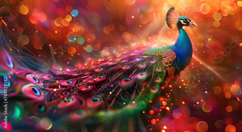 A colorful peacock with its head held high and its tail spread out