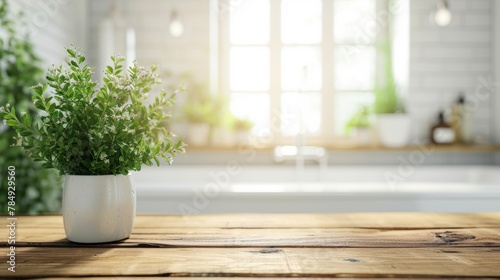 White bathroom interior. Empty wooden table top with plant for product display with blurred bathroom interior background