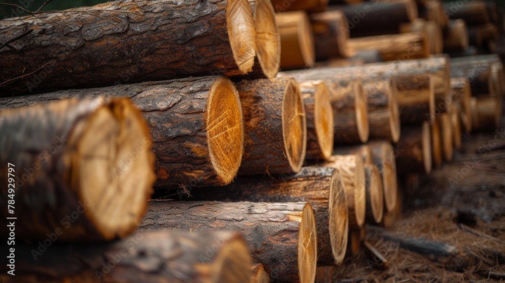 Log trunks pile, Wooden trunks pine, Logging timber wood industry Log trunks pile, Wooden trunks pine, Logging timber wood industry