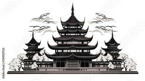 Wooden temple black and white .. 2d flat cartoon va