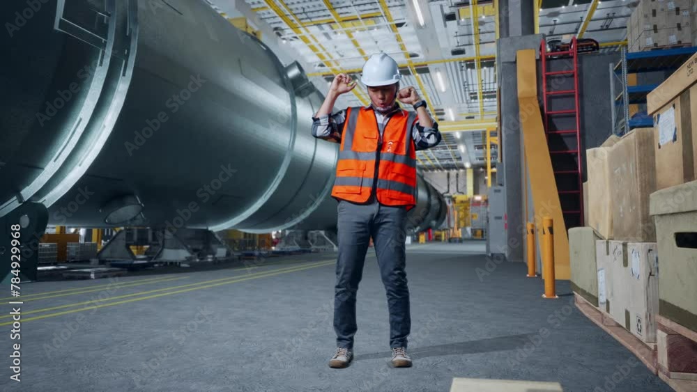 Full Body Of Asian Male Engineer With Safety Helmet Screaming Goal And Dancing Celebrating While Standing In Pipe Manufacturing Factory Full Body Of Asian Male Engineer With Safety Helmet Screaming Goal And Dancing Celebrating While Standing In Pipe Manufacturing Factory