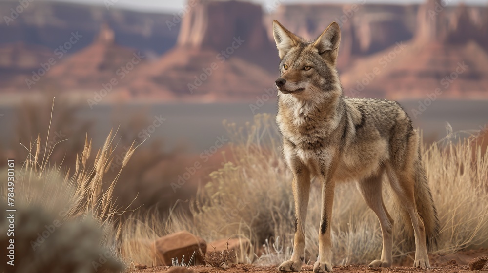 A lone wolf stands in the desert with mountains in the background. The wolf appears alert and watchful, surrounded by the vast expanse of sandy terrain and towering mountain peaks. A lone wolf stands in the desert with mountains in the background. The wolf appears alert and watchful, surrounded by the vast expanse of sandy terrain and towering mountain peaks.