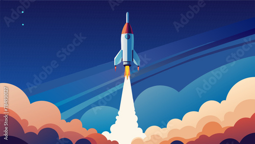 Against the serene blue canvas of the sky a rocket blasts off into the unknown its journey signifying the unlimited possibilities that exist