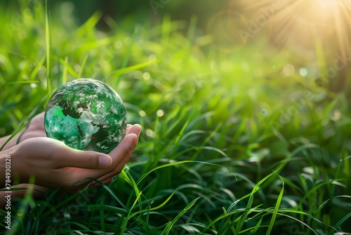 Earth retention notion with hands holding a globe over a setting of luscious grass with hands to guard the expanding woods and space, Generative AI.