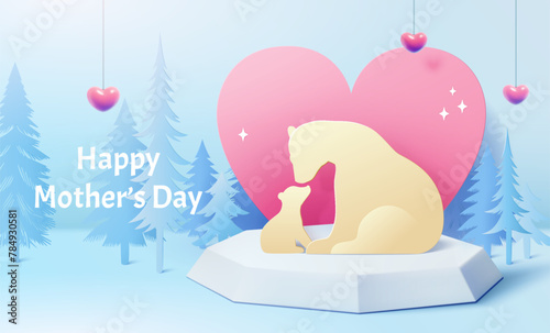 3D paper art Mothers Day card. Polar bear mom and cub on ice block podium in winter forest.