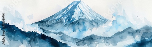 A painting depicting a snow-covered mountain surrounded by tall trees. The mountain stands tall and majestic against a cold, winter sky, while the trees add a touch of greenery to the serene white lan