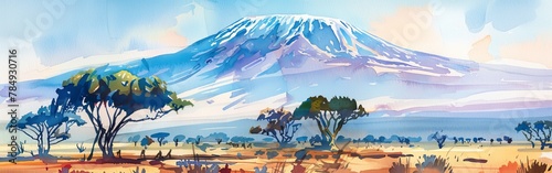 A watercolor painting depicting Mount Kilimanjaro towering in the background, with lush green trees in the foreground. photo