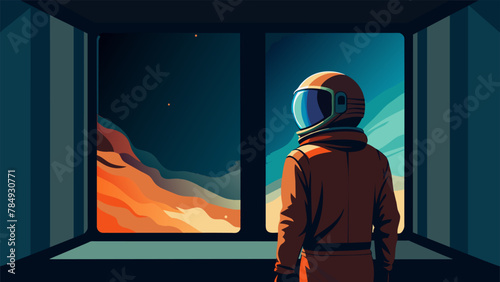 Lost in the vastness of the universe the astronaut stands in quiet contemplation at the window his breath fogging the glass as he takes in the