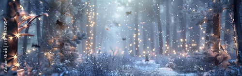 A snowy forest illuminated by an array of twinkling lights, creating a magical and enchanting scene. The snow-covered trees glisten under the lights, casting a soft glow over the winter landscape.
