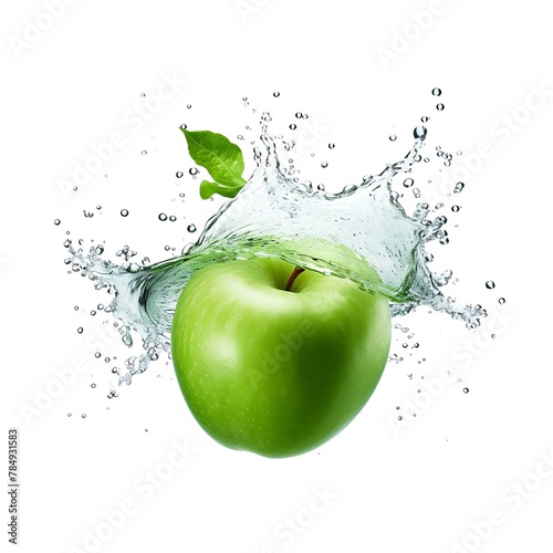 Fresh Green apple and splash of water on white background