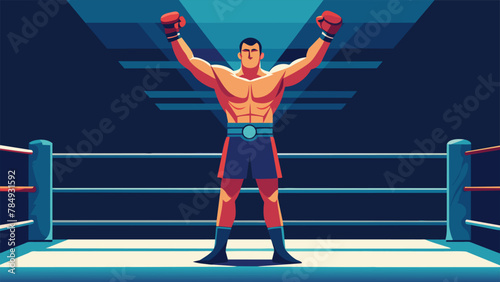A boxer standing in the ring sweat dripping down his face as he holds his arms up in victory the championship belt resting on his shoulder.