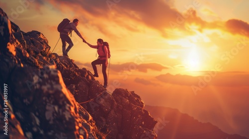 Two individuals are seen climbing up a rugged mountain during a fiery sunset, showcasing their determination and teamwork in conquering the challenging terrain.