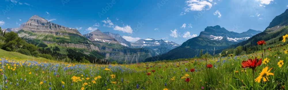 A field filled with colorful wildflowers stretches towards the towering mountains in the background. The vibrant flowers contrast against the rugged peaks under a clear sky.