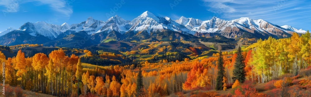 A detailed painting showcasing a majestic mountain range during the vibrant colors of autumn. The prominent features include towering peaks, colorful foliage, and a clear sky.