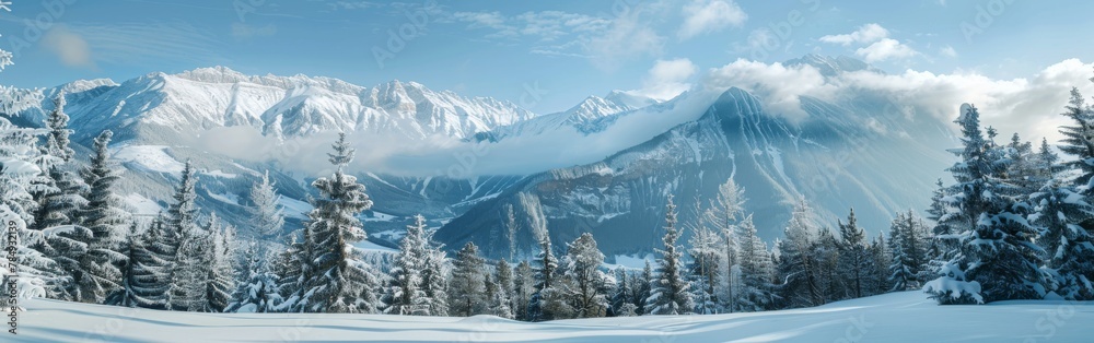 A winter scene featuring a snowy landscape with trees lining the foreground and majestic mountains in the background. The snow-covered trees contrast against the white blanket of snow covering the gro