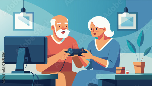A senior couple huddle together on a couch fiercely battling each other in a fighting game on their home console. Despite their advanced age