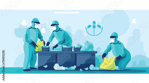 Workers in uniform throwing away biohazard garbage