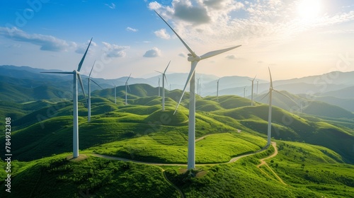 Panoramic view of wind farm or wind park with high wind turbines for generation electricity, Wind Energy And Technology, Green energy concept