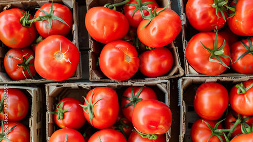 A variety of tomatoes, including plum tomatoes, cherry tomatoes, and bush tomatoes, are neatly arranged in boxes on a table. These natural foods can be used as ingredients in a delicious recipe photo