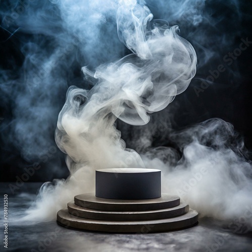 an empty podium enveloped in swirling dark smoke, a dynamic platform