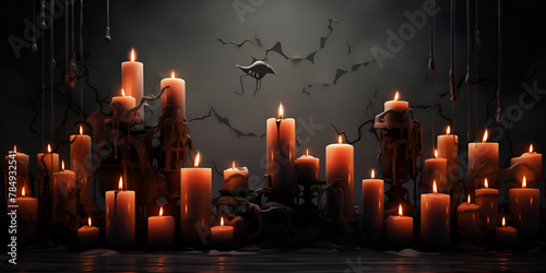 many small and large candles are burning on the table on a dark background