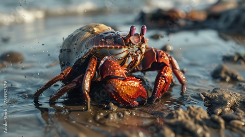 The idea of environmental degradation is depicted by the hermit crab along with human dump over a damp beach hard to walk and space, Generative AI.